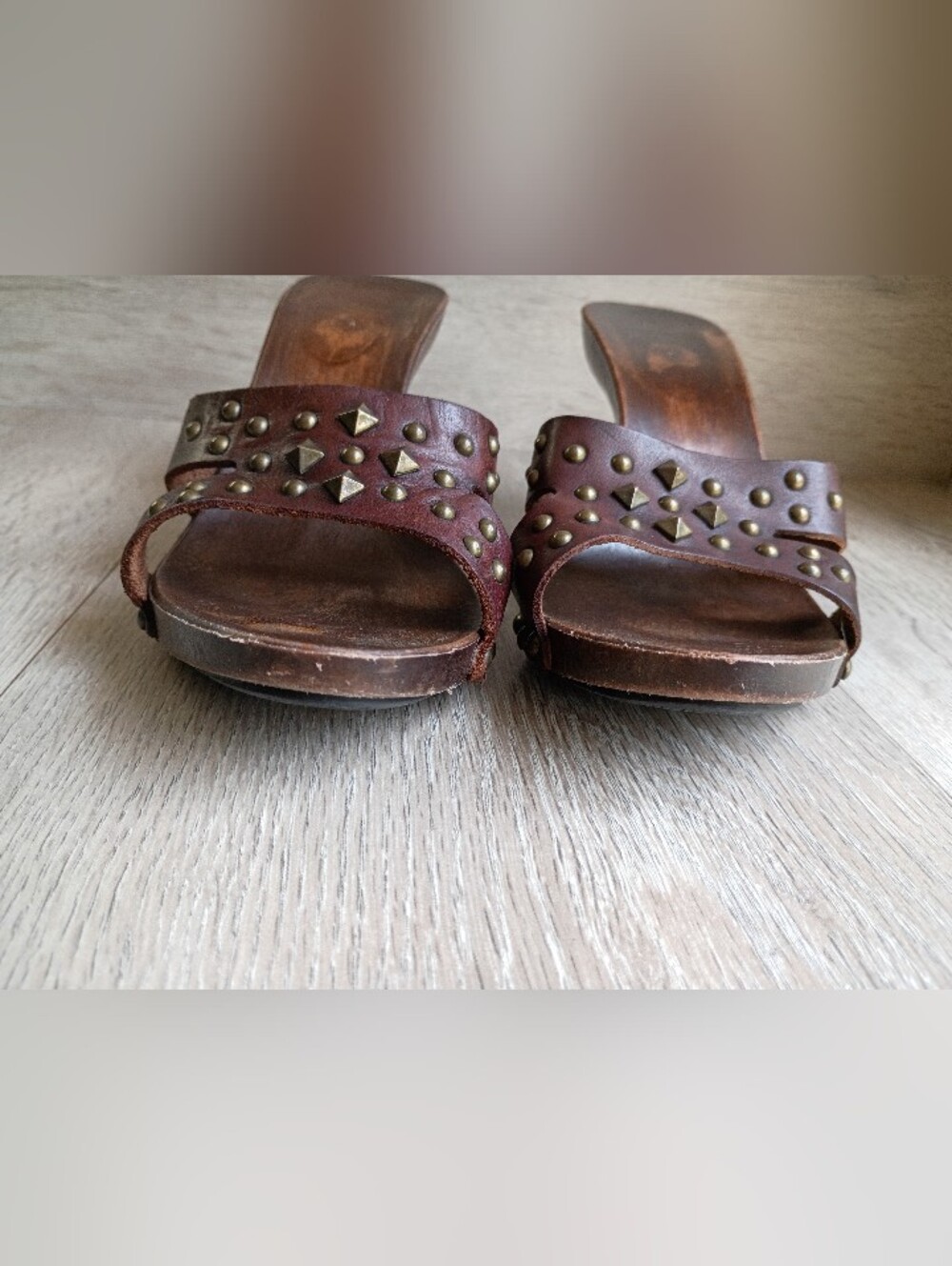 Slaislinnk Leather Upper Wooden Sandal Women Sz 7.5 M Made in Italy Brown Heels - Picture 7 of 11